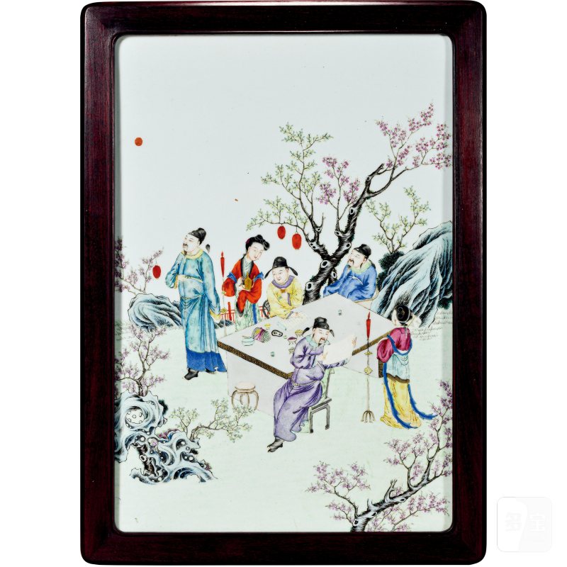 民国 粉彩桃李夜宴图插屏